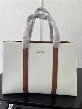 Telena white Tote with Brown Trim